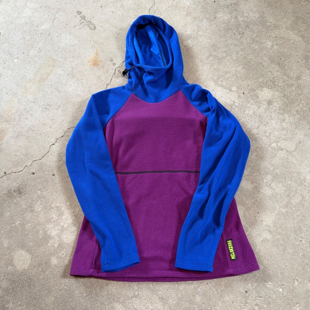Melanzana Microgrid Hoodie Women Medium Purple Blue Fleece Pullover Made in USA